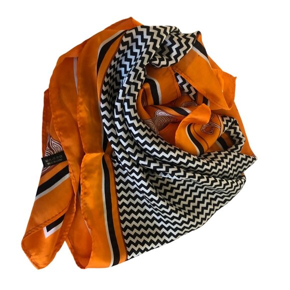 Vintage Style Square Scarf Orange Black Zigzag Horse Patterned Polyester 27x27in - Picture 4 of 5